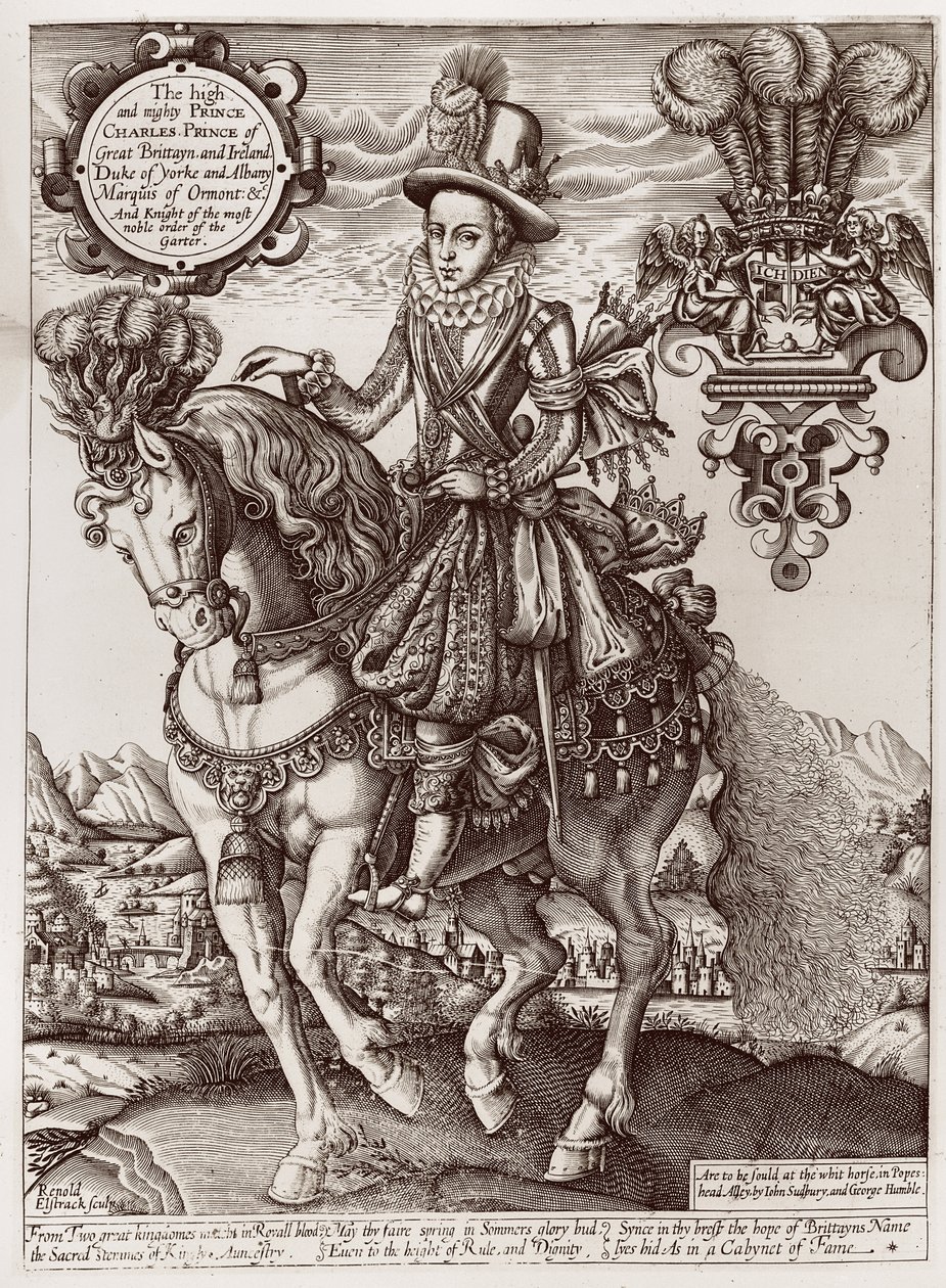 Charles I Walesin prinssinä hevosen selässä, The Book of Kings, 1618 tekijältä Renold Elstrack