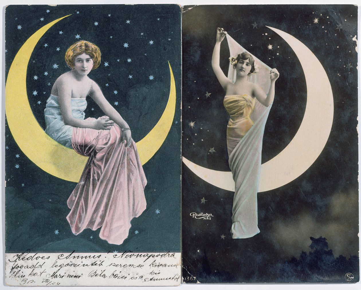 Unkarilaiset (L.) ja ranskalaiset (R.) postikortit, joissa on nainen ja puolikuu (n. 1910) (värillinen kuva) tekijältä Reutlinger Studio