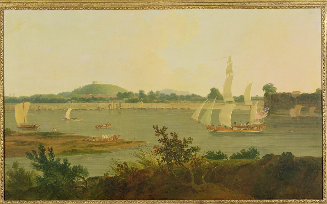 Pinnace purjehtimassa Gangesia pitkin Monghyr-linnoituksen ohi, n. 1791 tekijältä Rev. Edward Thomas Daniell