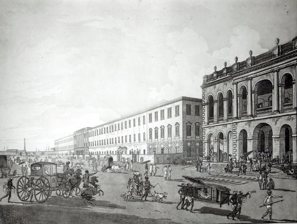 Pormestarin tuomioistuin ja kirjailijoiden rakennus, Kalkutta, 1786 (akvatinta) tekijältä Rev. Edward Thomas Daniell