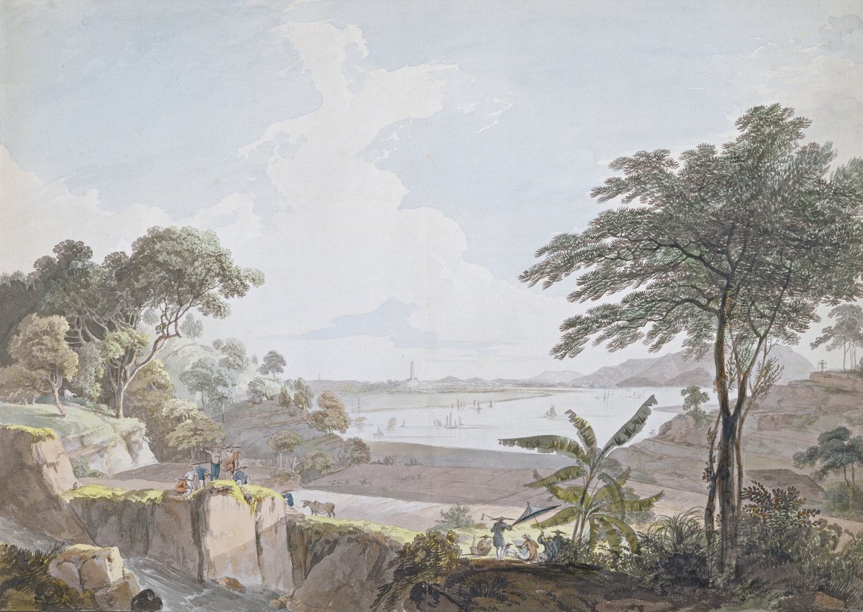 Näkymä Kantonjoelle, lähellä Whampoaa, Kiina, n. 1785-1794 (wc ja grafiitti paperille) tekijältä Rev. Edward Thomas Daniell
