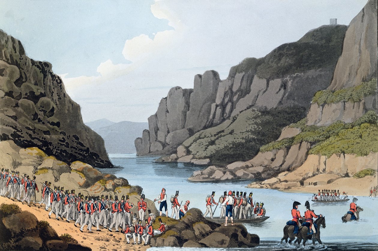 Näkymä Tejo-joelle lähellä Villa Velhaa, Portugali, kaivertanut L. Clark, 1809 tekijältä Rev. William Bradford