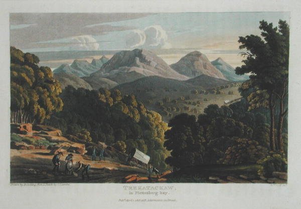 Trekatackaw Plettenberg Bayssa, piirretty R. Cockingin alkuperäisestä luonnoksesta, julkaistu 1818 (värillinen kaiverrus) tekijältä Rev. Christian Ignatius (after) Latrobe