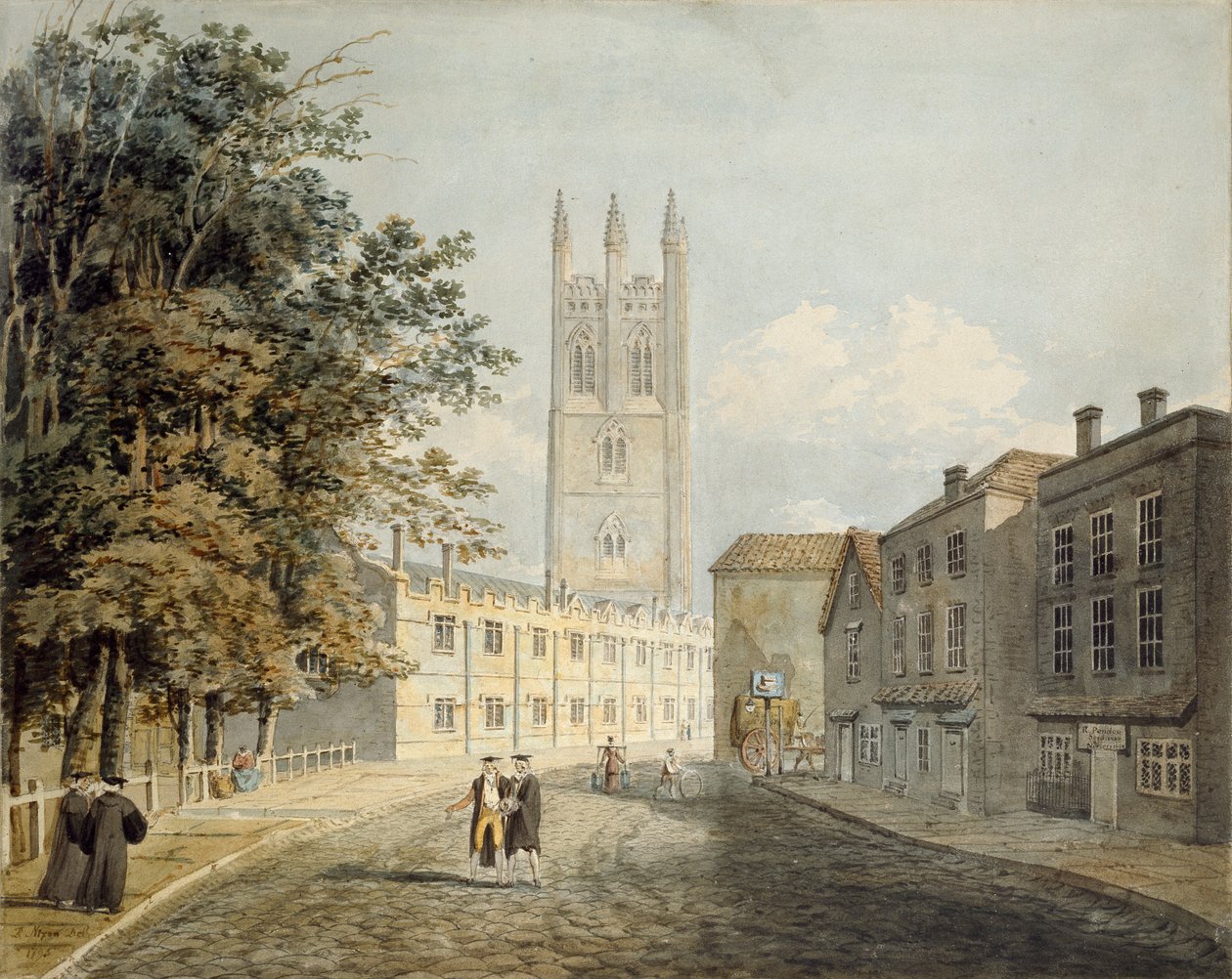 Magdalen College ja High Streetin itäpää, Oxford, 1795 tekijältä Rev Robert Nixon