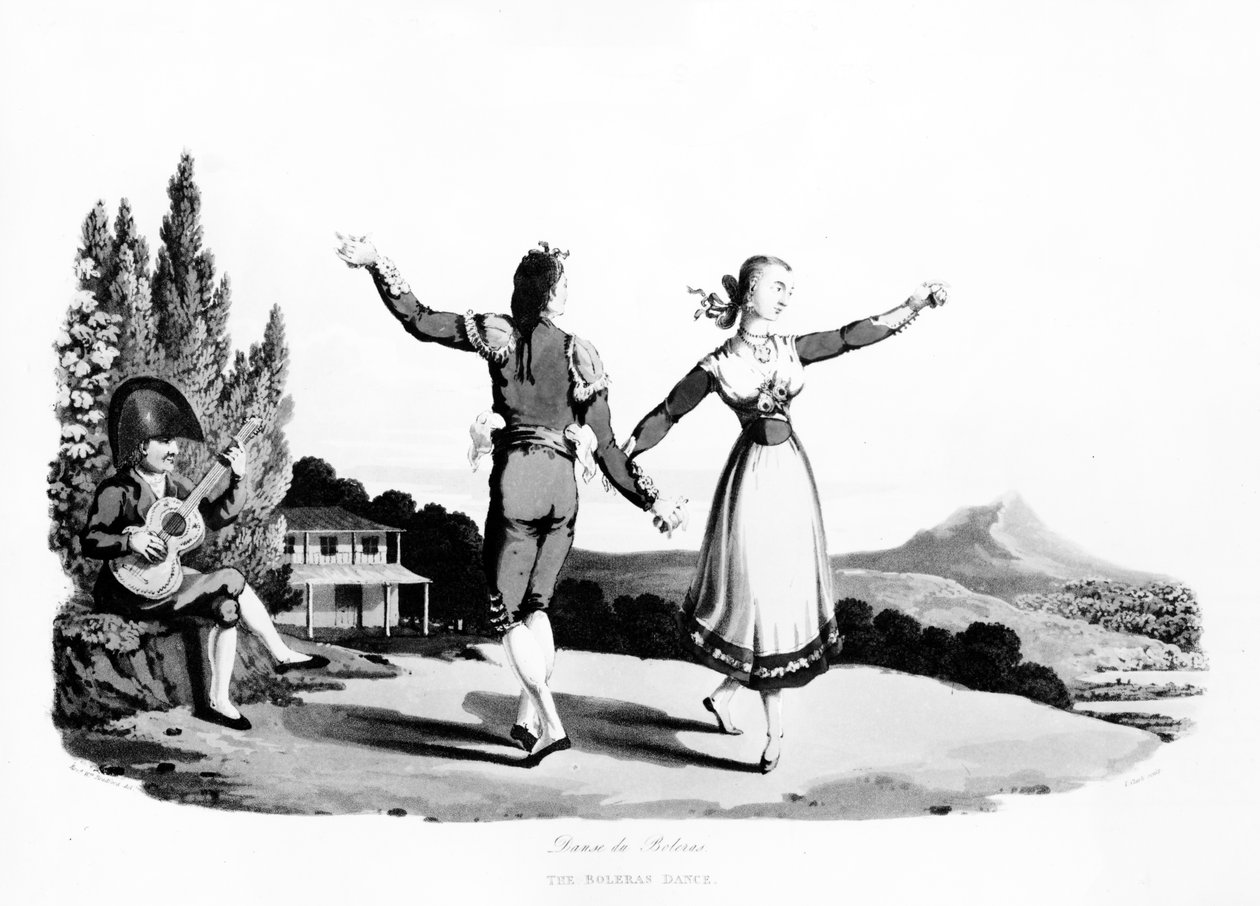 Boleras-tanssi, kuvitus julkaisusta "Sketches of the Country, Character and Costume, in Portugal and Spain", painatus John Heaviside Clark, 1809 (akvatinta) tekijältä Rev. William Bradford