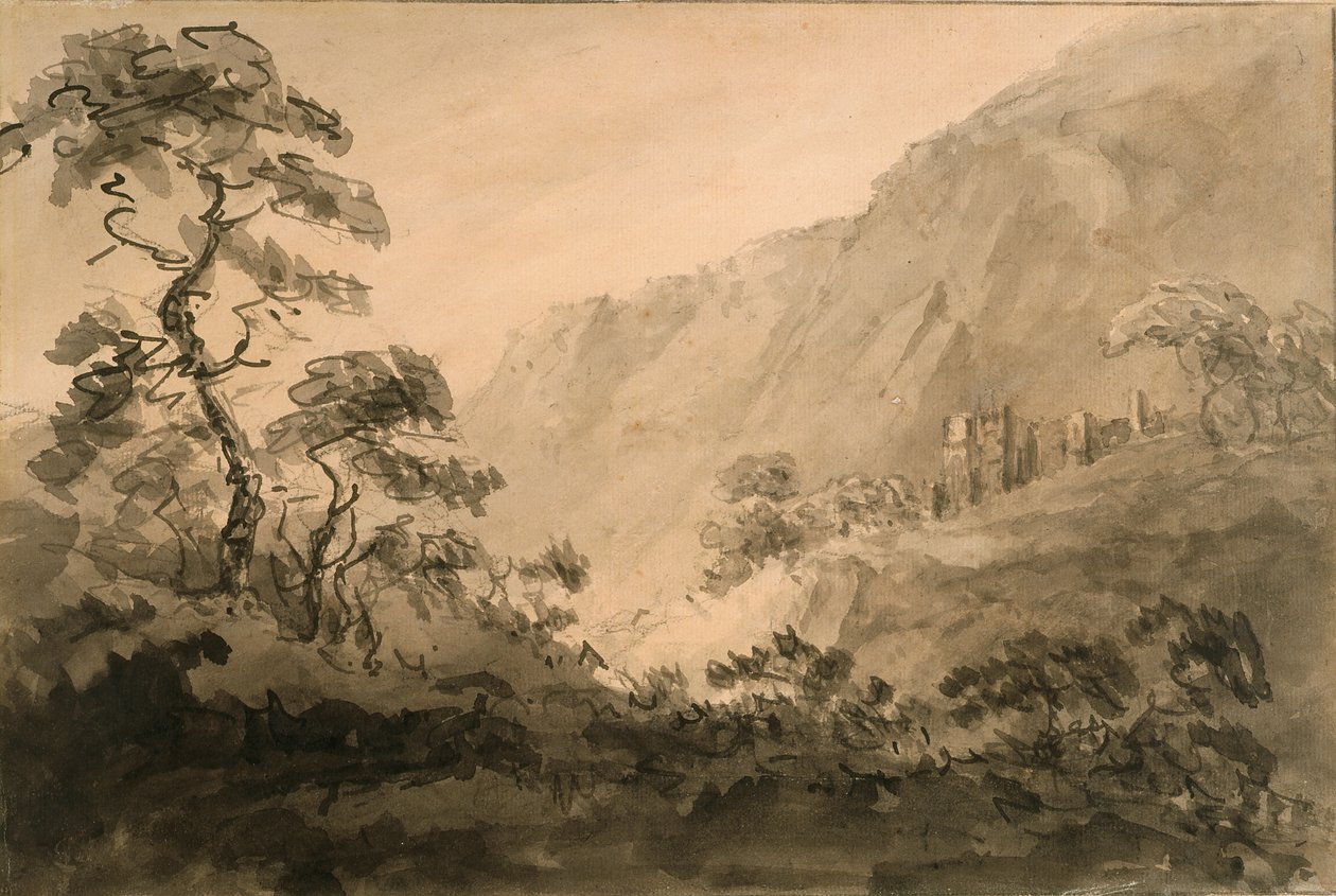Paisagem montanhosa com ruínas (caneta, nanquim e tinta aguada sobre lápis sobre papel avergoado esbranquiçado preparado com aguada sépia) finlandês tekijältä Rev. William Gilpin