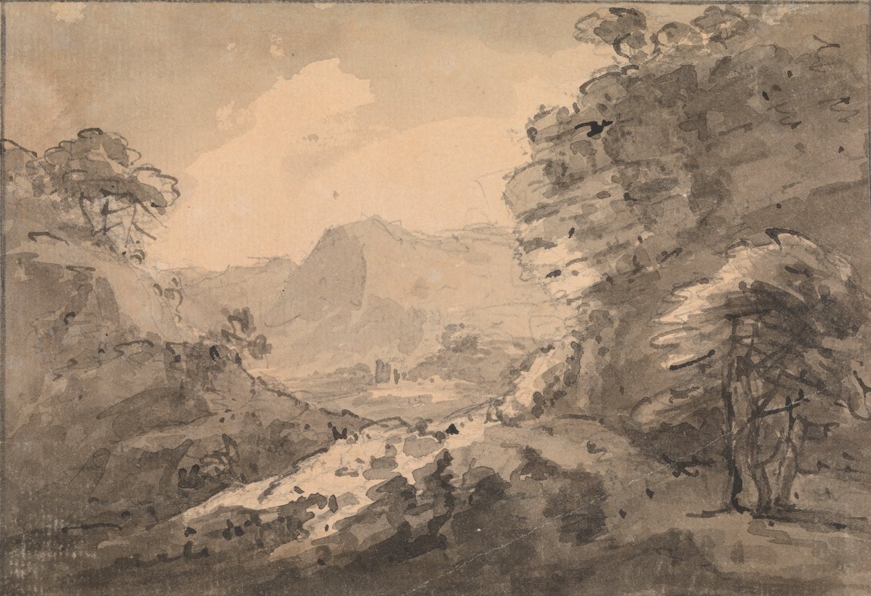 Vuoristoinen maisema, jossa on Rocky Crag oikealla tekijältä Rev. William Gilpin