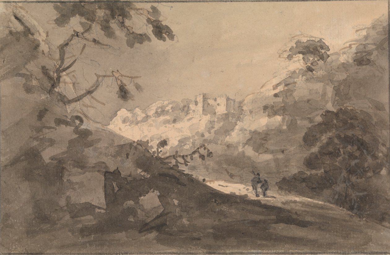 Duas figuras em uma estrada com castelo no centro Distância finlandesa tekijältä Rev. William Gilpin