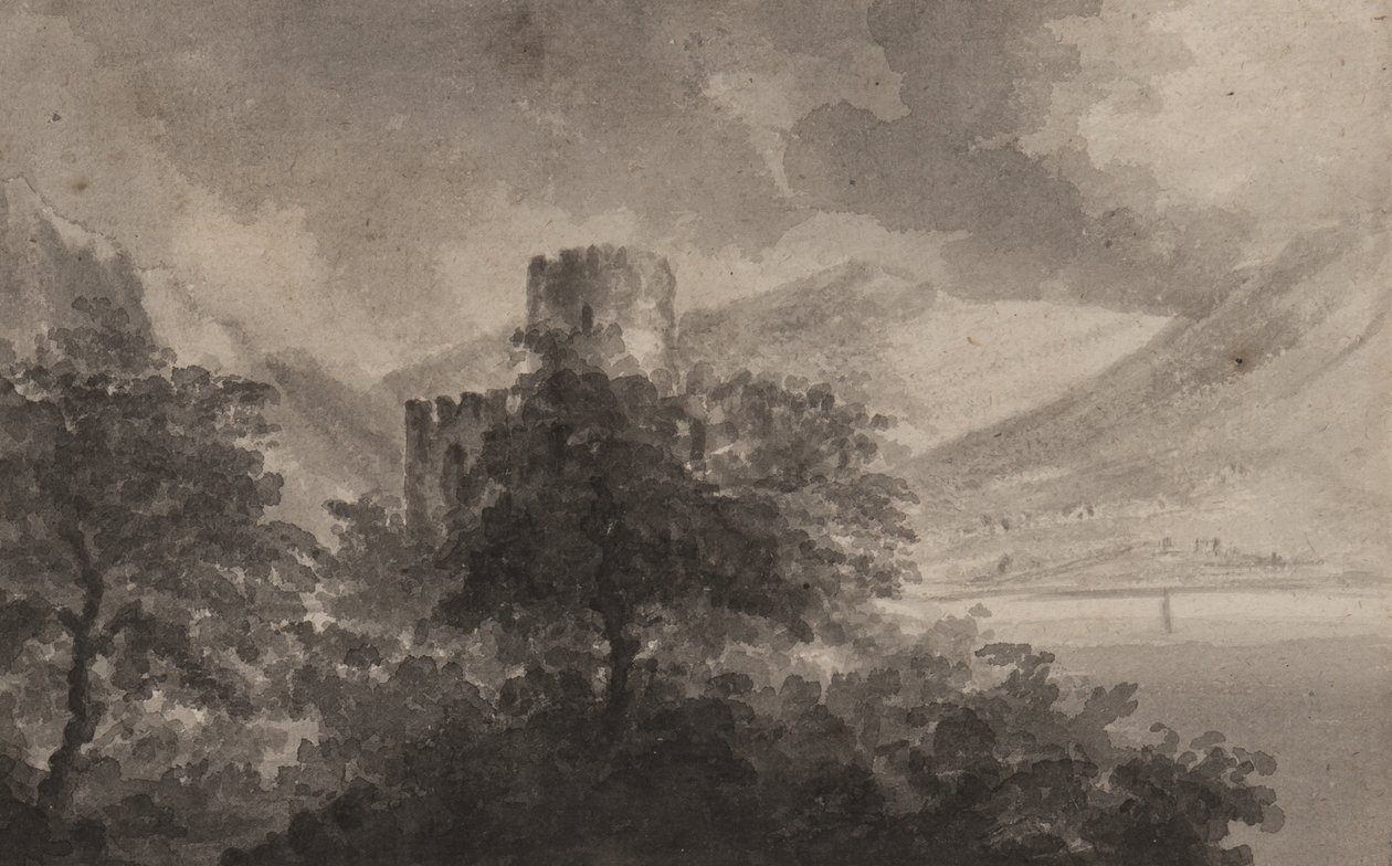 Metsäinen Lakelandin linna: capriccio, 1804 (sivellin ja yksivärinen pesu paperille) tekijältä Rev. William Gilpin