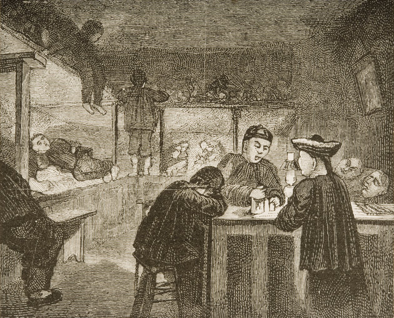 Kiinalainen oopiumiluola San Franciscossa 1870-luvulla, noin 1880 tekijältä Reverend Samuel Manning