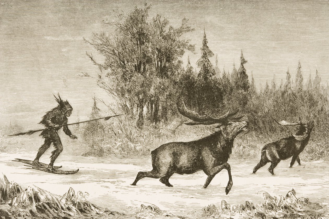 Amerikan syntyperäinen hirvi metsästämässä Luoteisterritoriossa, n. 1880 tekijältä Reverend Samuel Manning