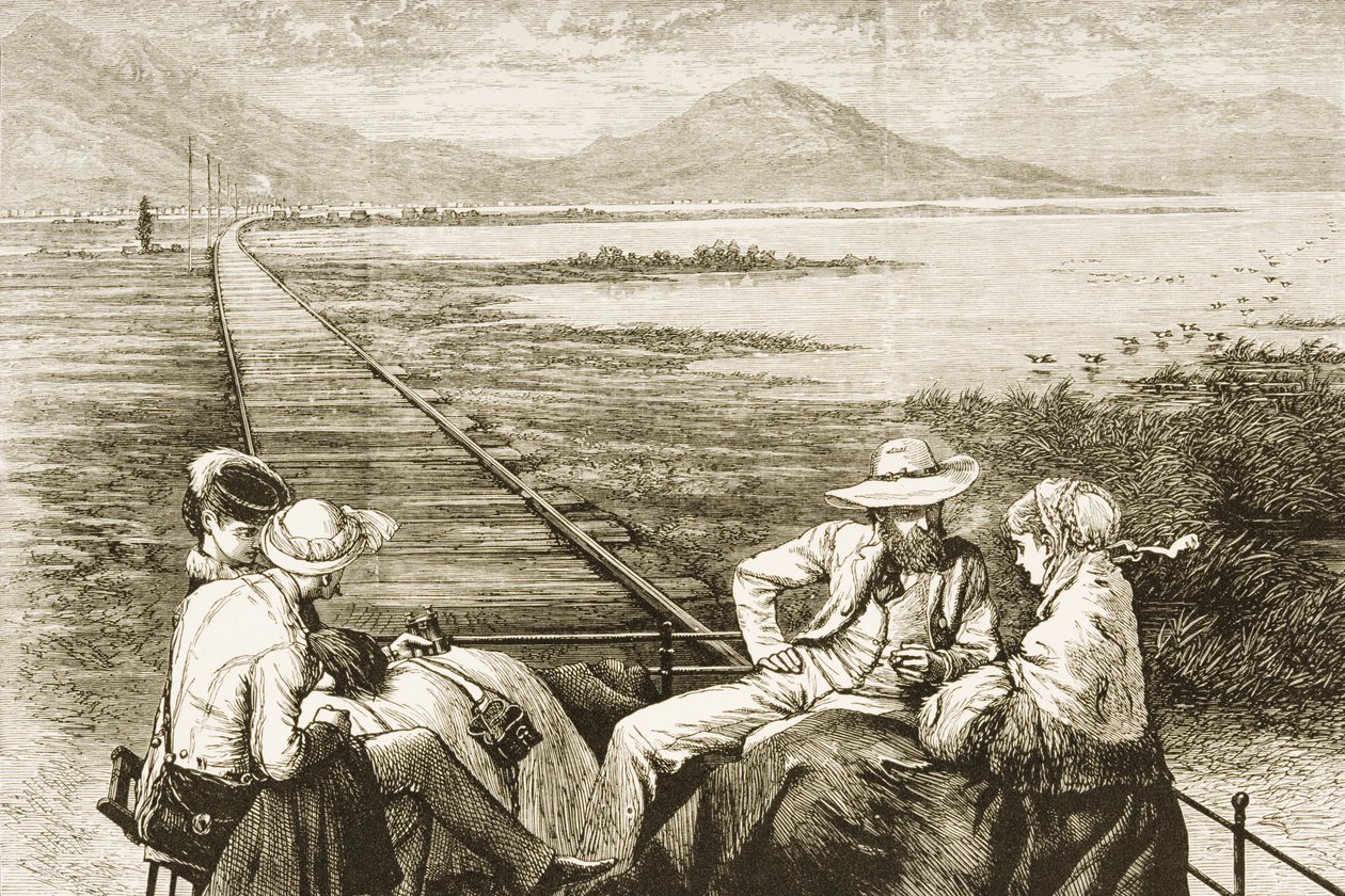 Tarkastusauto Tyynenmeren rautatien varrella lähestymässä Great Salt Lakea, noin 1880 tekijältä Reverend Samuel Manning
