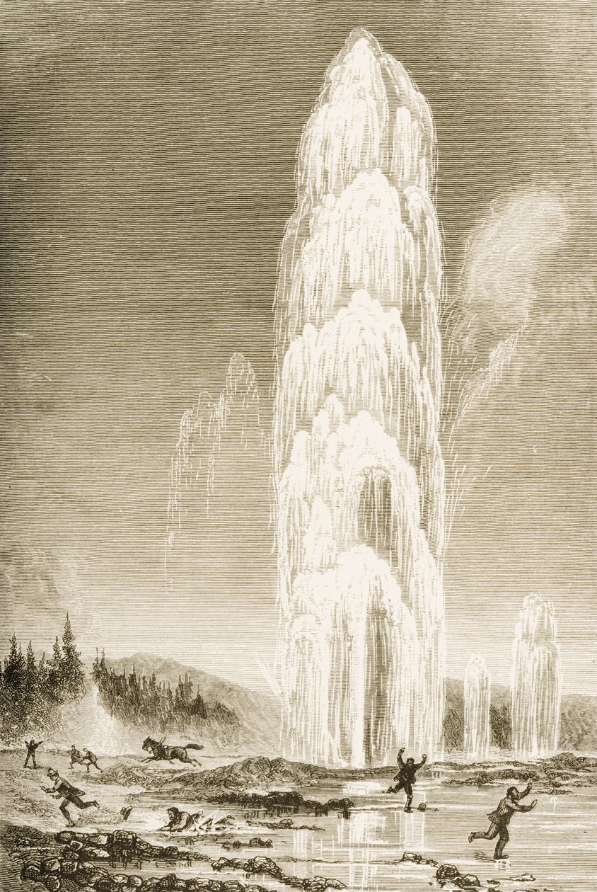 Jättiläisgeysir Yellowstonen kansallispuistossa, joka purkautui 1870-luvulla, noin 1880 tekijältä Reverend Samuel Manning
