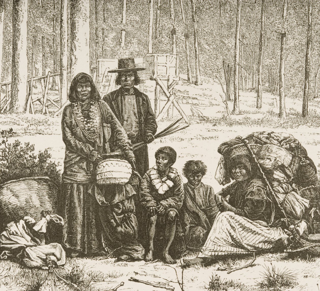 Amerikan intiaaniperheryhmä Kalliovuorten länsipuolella, n. 1880 tekijältä Reverend Samuel Manning