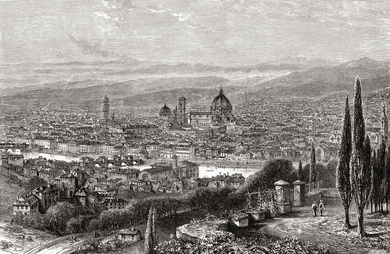 Näkymä Firenzeen, Toscanaan, Italiaan San Miniaton terassilta 1800-luvun lopulla. Teoksesta Italian Pictures by Rev. Samuel Manning, julkaistu noin vuonna 1890. tekijältä Reverend Samuel Manning
