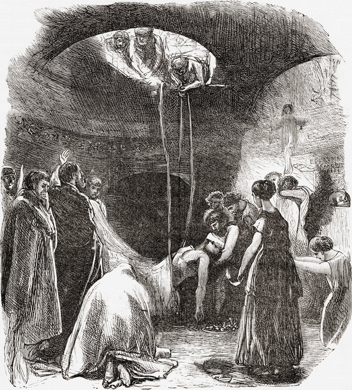 Varhaiskristillinen hauta Rooman katakombeissa Italiassa. Teoksesta Italian Pictures by Rev. Samuel Manning, julkaistu noin vuonna 1890. tekijältä Reverend Samuel Manning