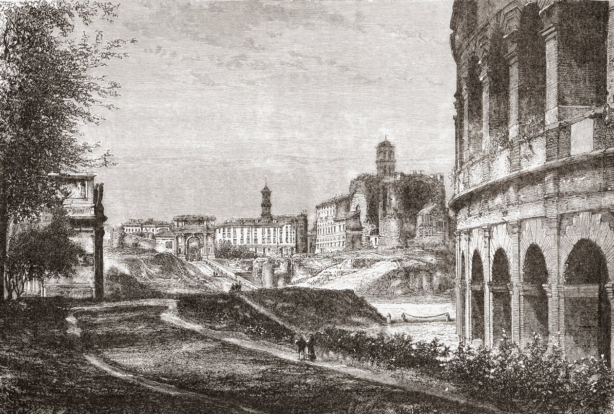 Lähestyminen Forumille Cellian kukkulalta, Rooma, Italia 1800-luvun lopulla. Teoksesta Italian Pictures by Rev. Samuel Manning, julkaistu noin vuonna 1890. tekijältä Reverend Samuel Manning