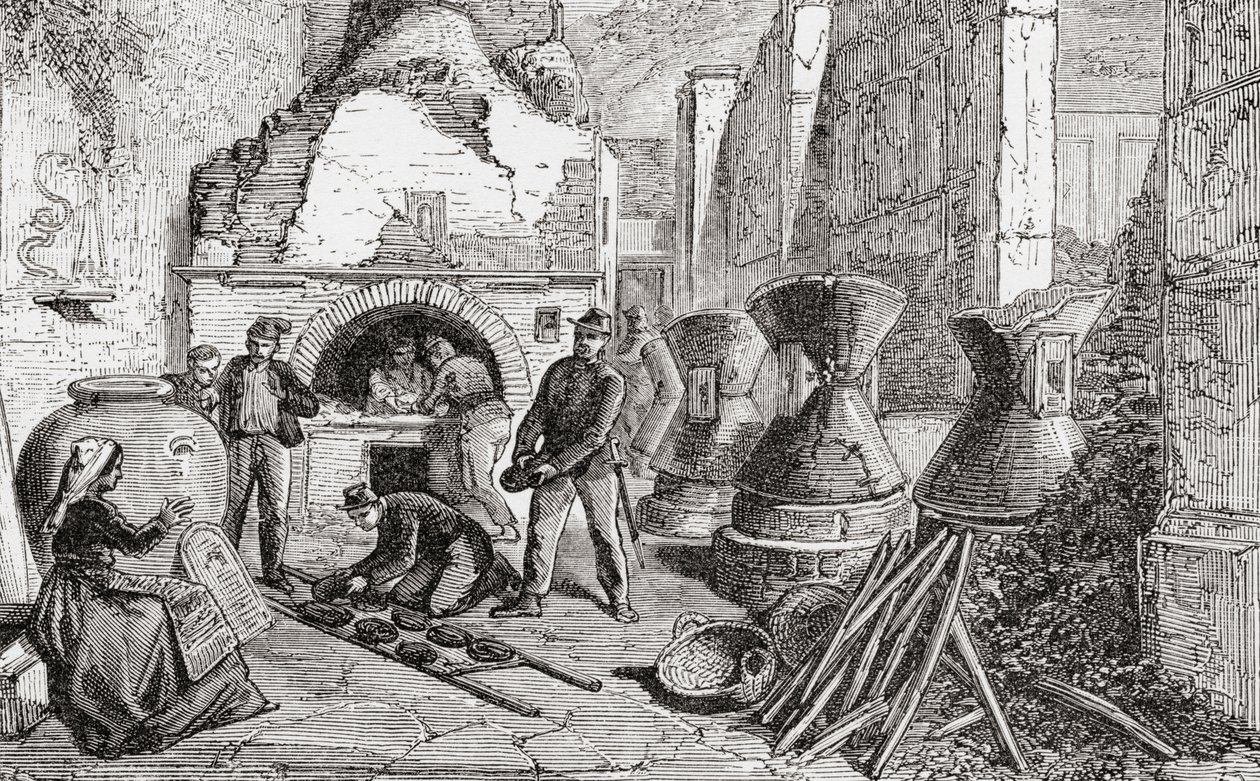 Leipurin uuni, leipä- ja jauhomyllyjä, jotka löydettiin Pompejin kaivauksissa Napolissa Italiassa 1800-luvun lopulla. Teoksesta Italian Pictures by Rev. Samuel Manning, julkaistu noin vuonna 1890. tekijältä Reverend Samuel Manning