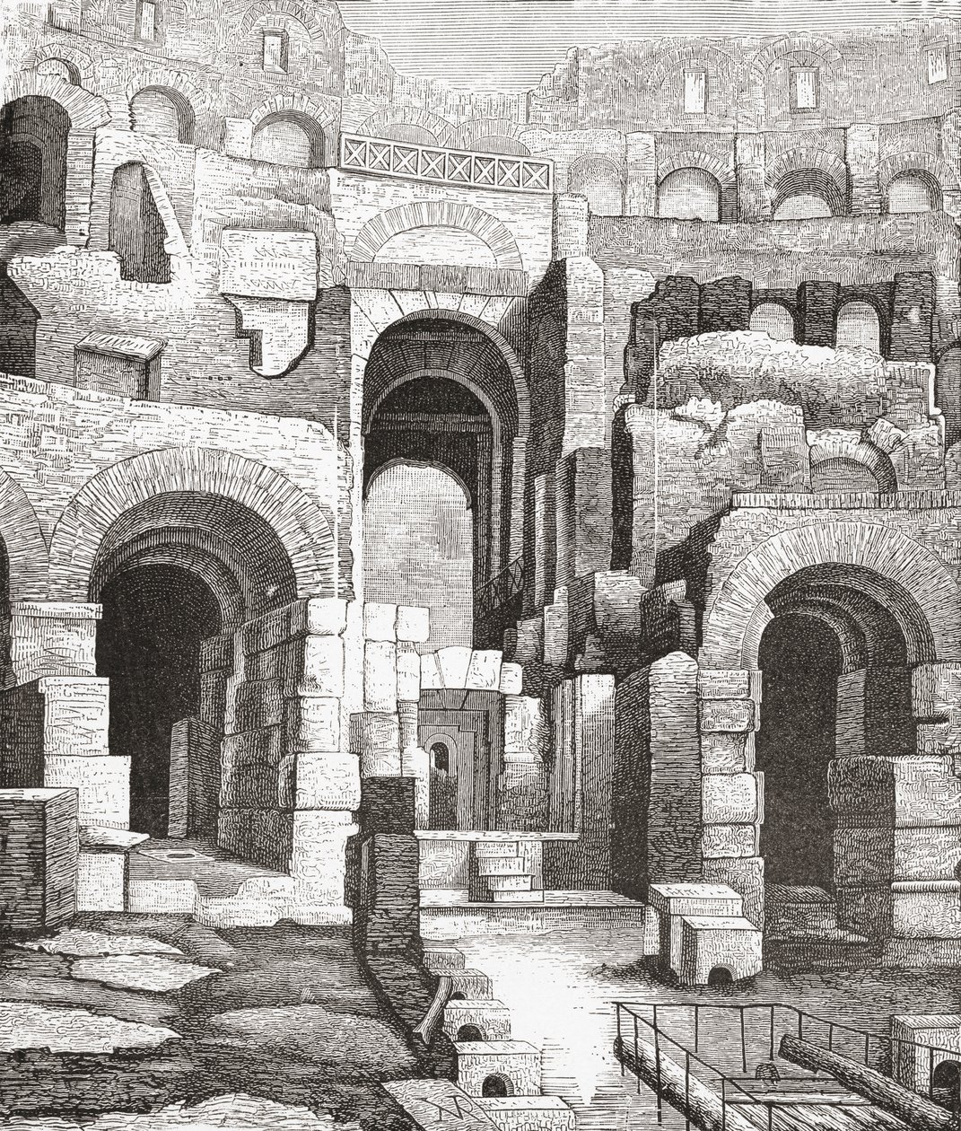 Colosseumin sisätilat Roomassa, Italiassa vuoden 1874 kaivausten jälkeen. Teoksesta Italian Pictures by Rev. Samuel Manning, julkaistu noin vuonna 1890. tekijältä Reverend Samuel Manning