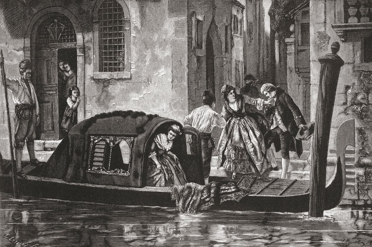 Matkustajat nousevat gondolista Grand Canalilla, Venetsiassa, Italiassa 1800-luvun lopulla. Teoksesta Italian Pictures by Rev. Samuel Manning, julkaistu noin vuonna 1890. tekijältä Reverend Samuel Manning