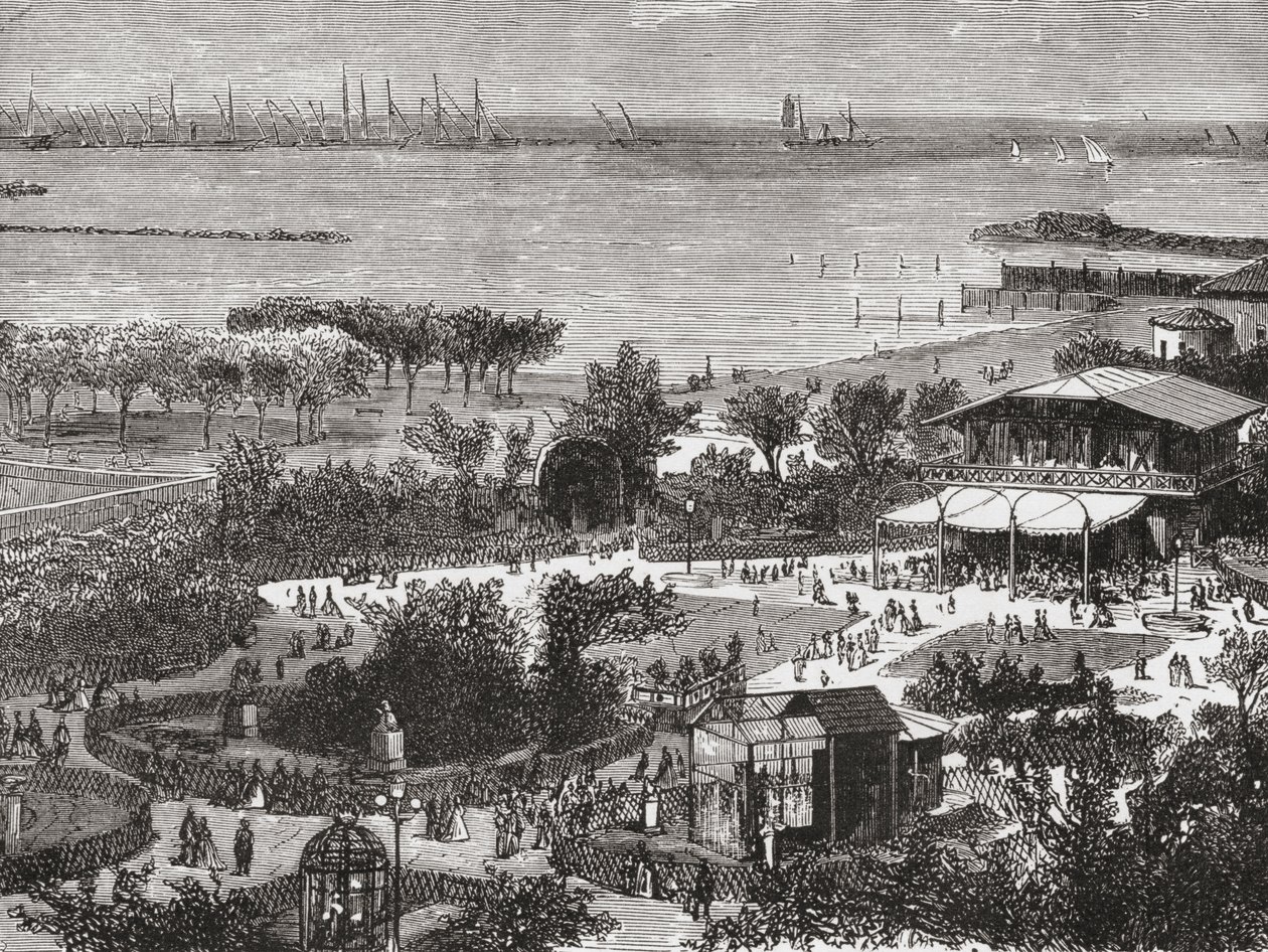 Livornon eli Leghornin julkiset puutarhat ja tienvarsi Toscanassa Italiassa 1800-luvun lopulla. Teoksesta Italian Pictures by Rev. Samuel Manning, julkaistu noin vuonna 1890. tekijältä Reverend Samuel Manning