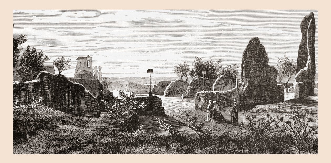 Caesareiden palatsin rauniot Palatinuksen kukkulalla Roomassa, Italiassa 1800-luvun lopulla. Teoksesta Italian Pictures by Rev. Samuel Manning, julkaistu noin vuonna 1890. tekijältä Reverend Samuel Manning