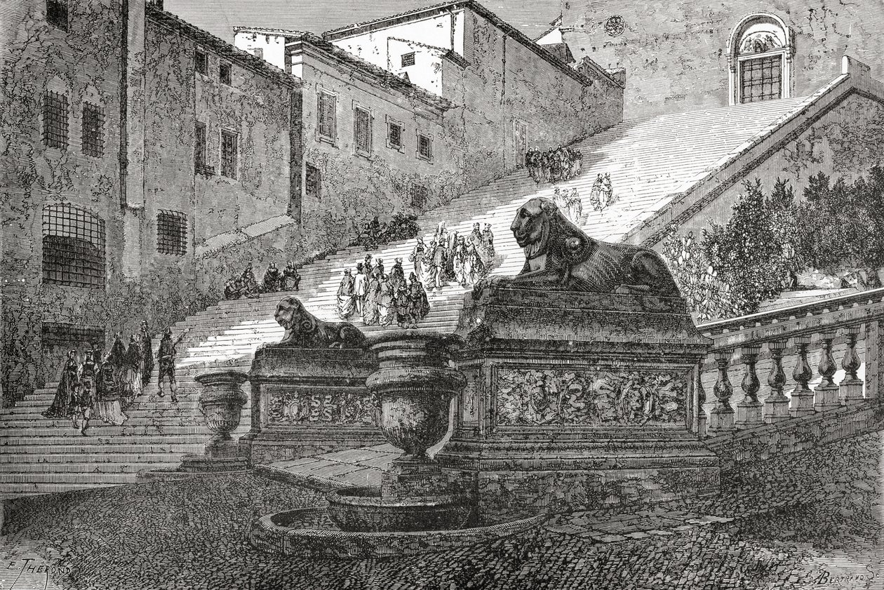 Portaat, jotka johtavat taivaan alttarin Pyhän Marian basilikaan, Rooma, Italia 1800-luvun lopulla. Teoksesta Italian Pictures by Rev. Samuel Manning, julkaistu noin vuonna 1890. tekijältä Reverend Samuel Manning