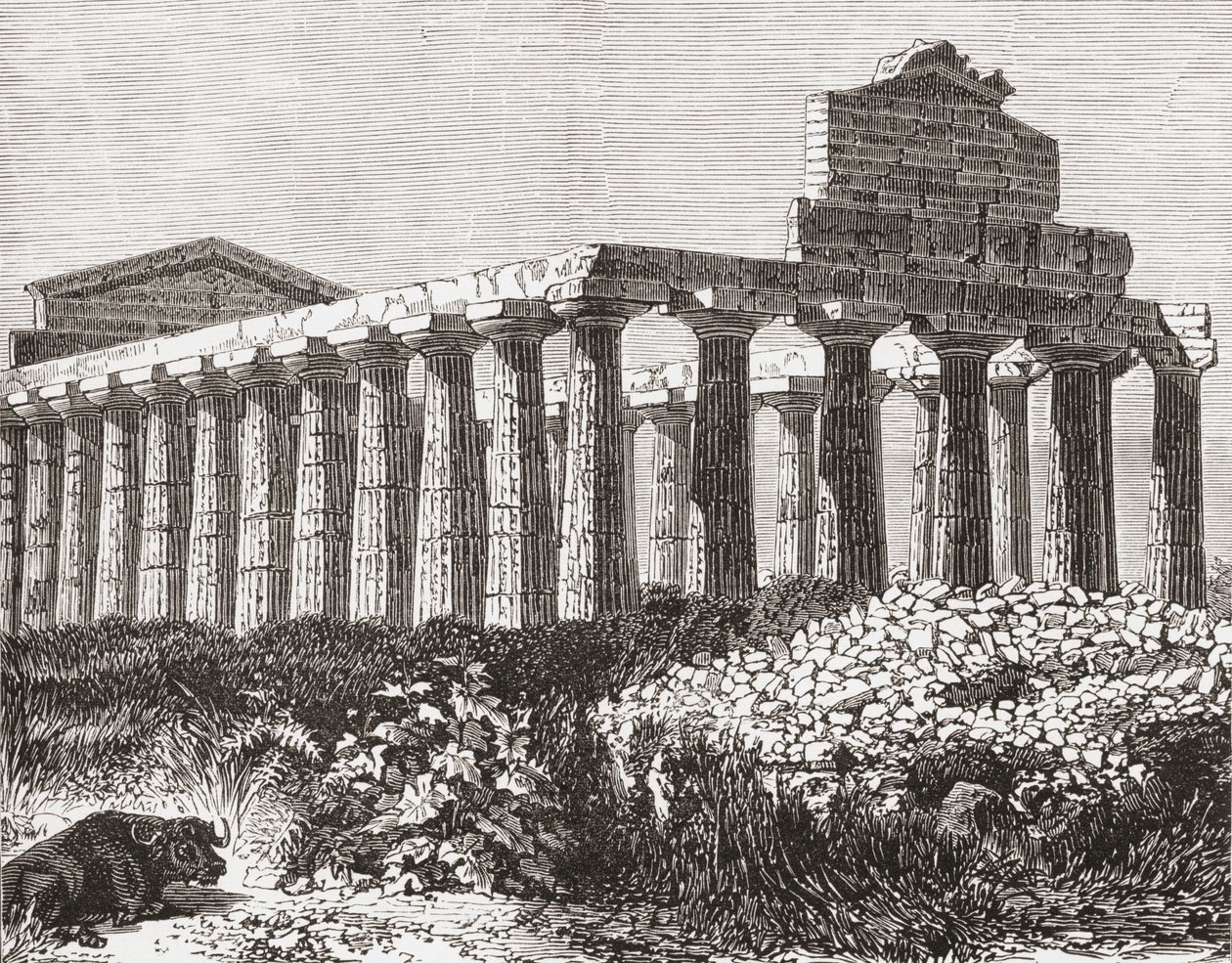 Paestumin temppeli Italiassa 1800-luvun lopulla. Teoksesta Italian Pictures by Rev. Samuel Manning, julkaistu noin vuonna 1890. tekijältä Reverend Samuel Manning