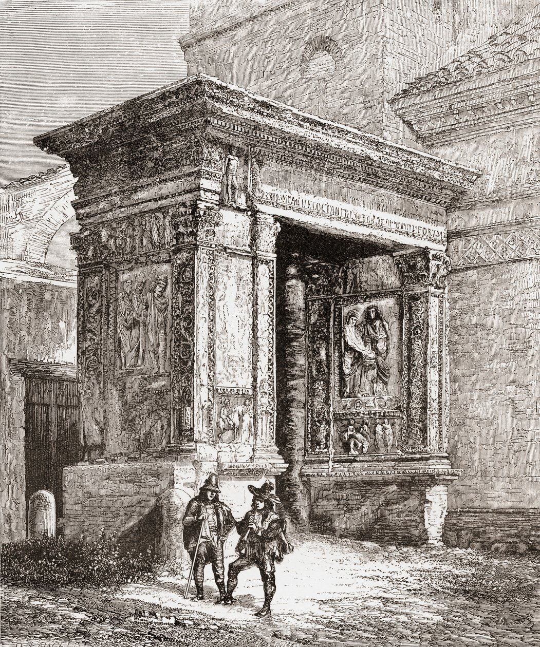 Arcus Argentariorum, San Giorgio al Velabron kirkon länsiseinässä, Rooma, Italia 1800-luvun lopulla. Teoksesta Italian Pictures by Rev. Samuel Manning, julkaistu noin vuonna 1890. tekijältä Reverend Samuel Manning
