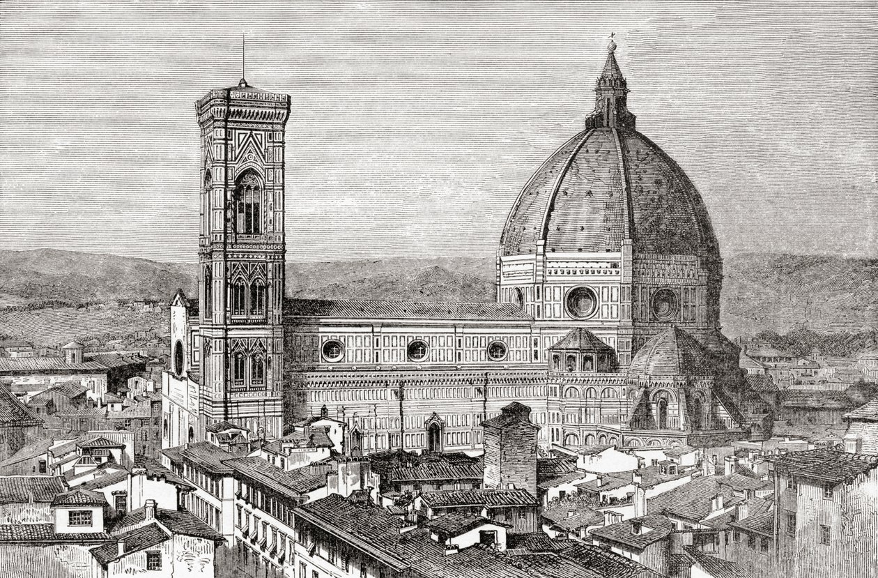 Santa Maria del Fioren basilikan Duomo ja Campanile, Piazza del Duomo, Firenze, Italia 1800-luvun lopulla. Teoksesta Italian Pictures by Rev. Samuel Manning, julkaistu noin vuonna 1890. tekijältä Reverend Samuel Manning
