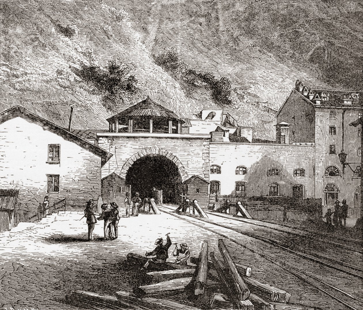 Fréjusin rautatietunneli, jota kutsutaan myös nimellä Mont Cenis -tunneli, Euroopan Alpit, Italian puolelta 1800-luvun lopulla. Teoksesta Italian Pictures by Rev. Samuel Manning, julkaistu noin vuonna 1890. tekijältä Reverend Samuel Manning