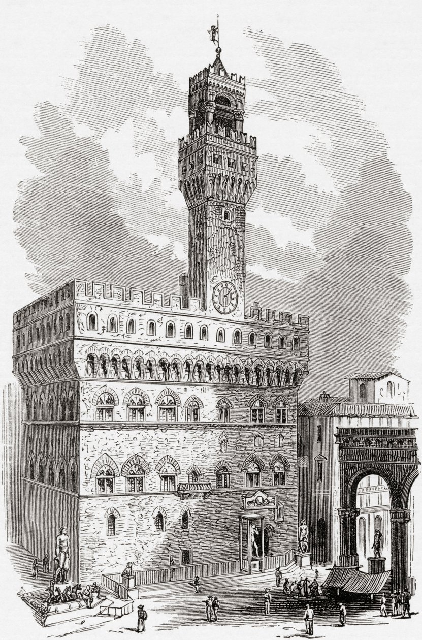 Palazzo Vecchio, Firenze, Toscana, Italia 1800-luvun lopulla. Teoksesta Italian Pictures by Rev. Samuel Manning, julkaistu noin vuonna 1890. tekijältä Reverend Samuel Manning