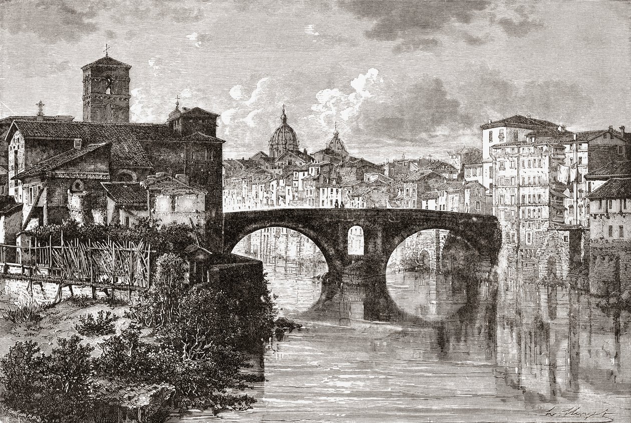 Pons Fabricius eli Ponte dei Quattro Capi ja Tiberin saari Roomassa, Italiassa 1800-luvun lopulla. Teoksesta Italian Pictures by Rev. Samuel Manning, julkaistu noin vuonna 1890. tekijältä Reverend Samuel Manning