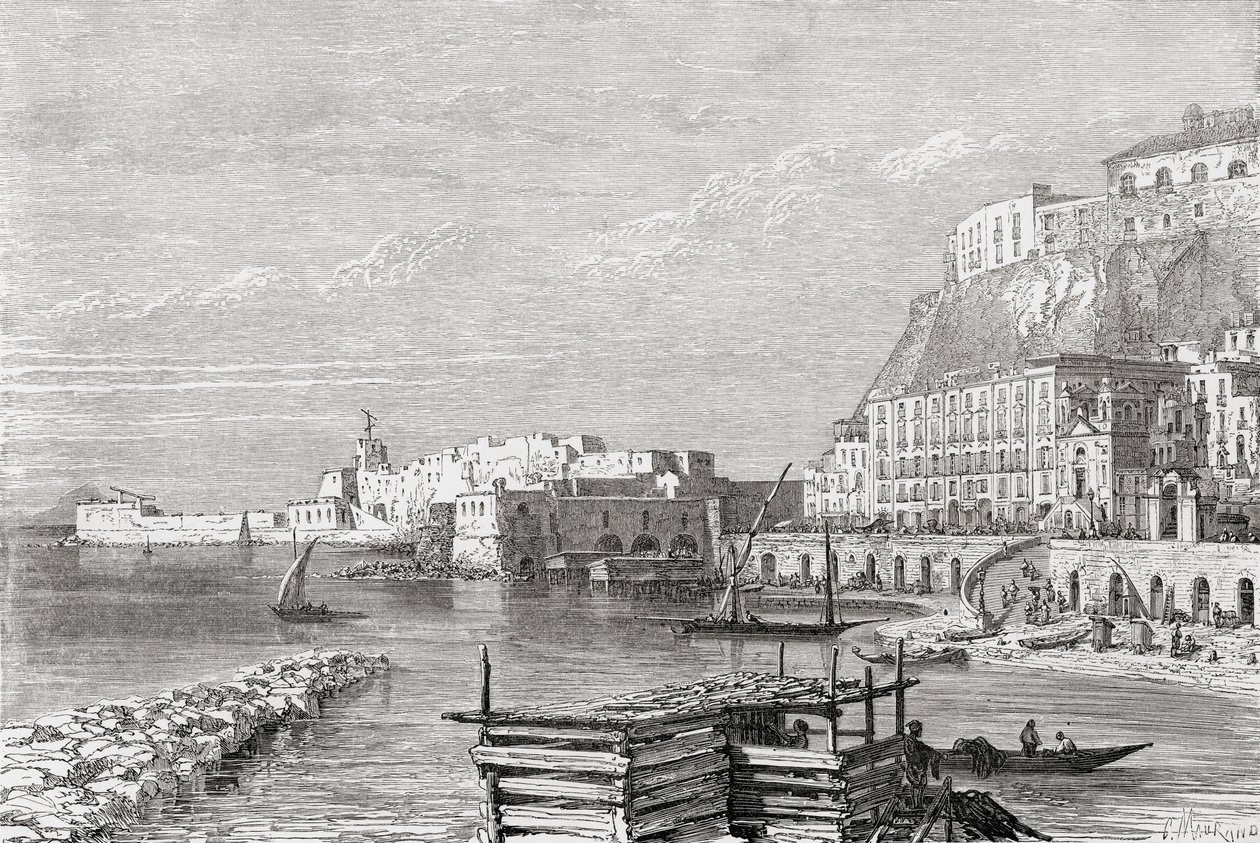 Santa Lucian laituri Napolissa Italiassa 1800-luvun lopulla. Teoksesta Italian Pictures by Rev. Samuel Manning, julkaistu noin vuonna 1890. tekijältä Reverend Samuel Manning