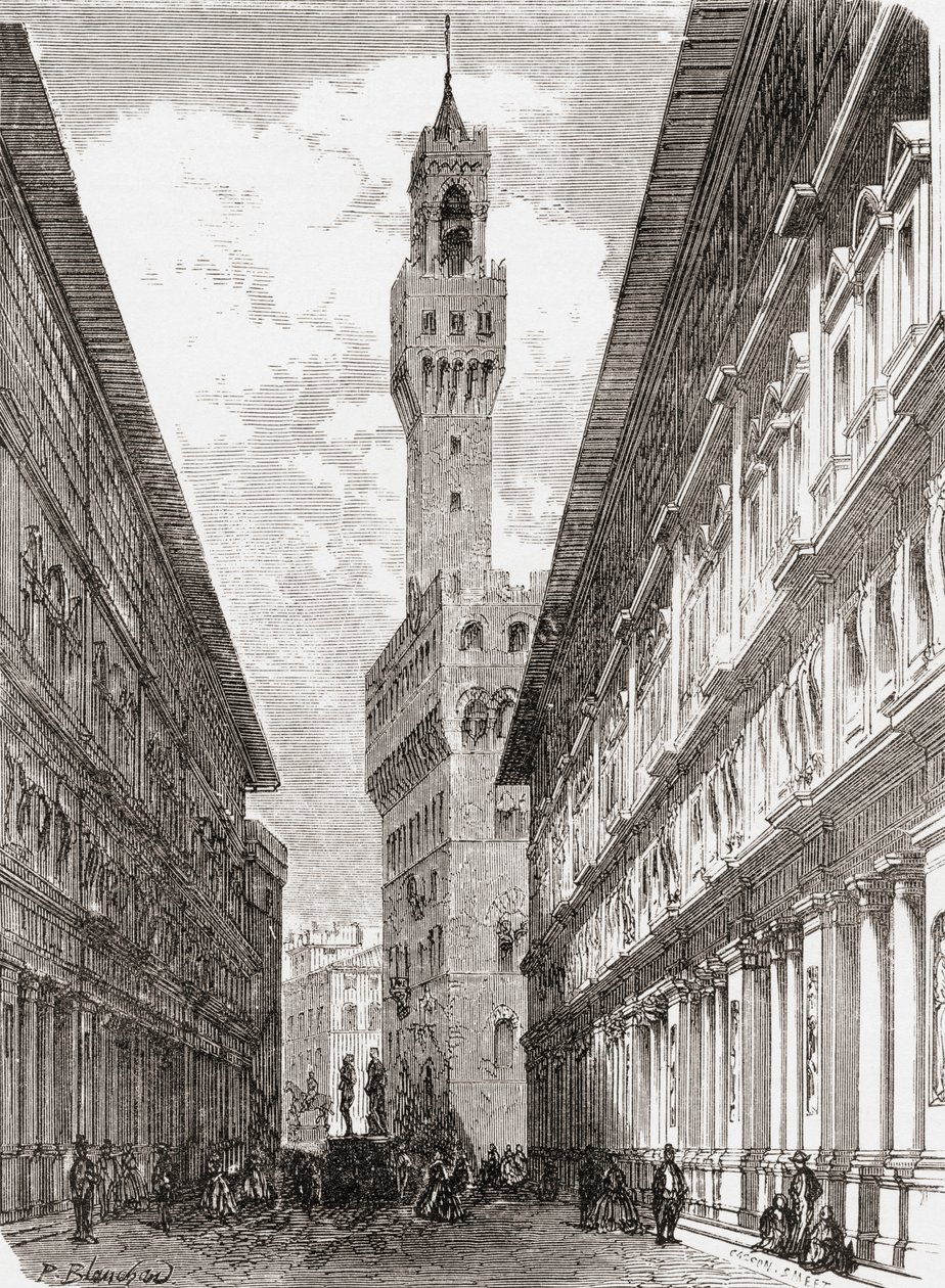 Uffizit, Palazzo Vecchio ja patsaita Piazza della Signoria -aukiolla Firenzessä 1800-luvun lopulla. Teoksesta Italian Pictures by Rev. Samuel Manning, julkaistu noin vuonna 1890. tekijältä Reverend Samuel Manning