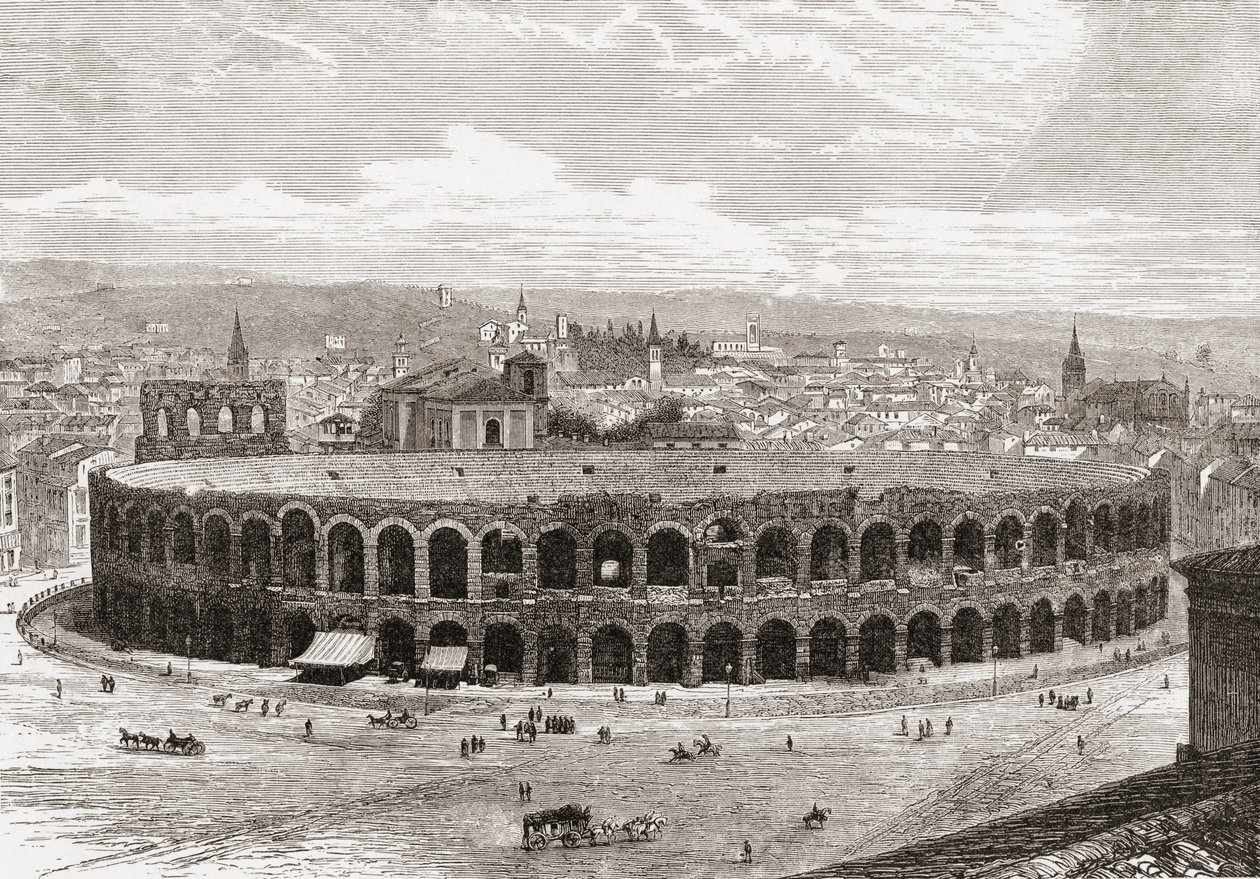 Veronan areena, Piazza Bra, Verona, Italia 1800-luvun lopulla. Teoksesta Italian Pictures by Rev. Samuel Manning, julkaistu noin vuonna 1890. tekijältä Reverend Samuel Manning