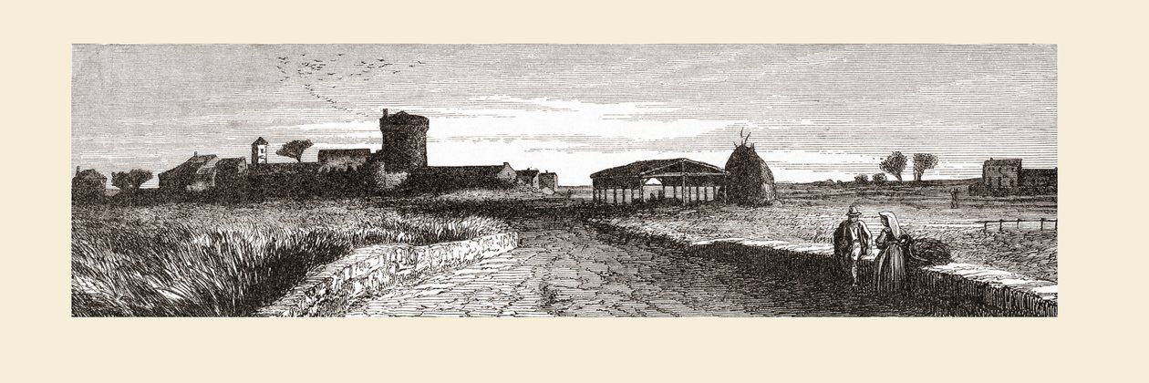 Maaseutu lähellä Ostiaa Roomassa, Italiassa 1800-luvun lopulla. Teoksesta Italian Pictures by Rev. Samuel Manning, julkaistu noin vuonna 1890. tekijältä Reverend Samuel Manning
