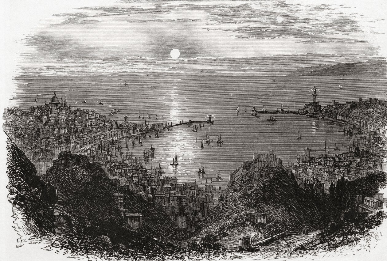 Näkymä Genovasta Pohjois-Italiassa 1800-luvun lopulla. Teoksesta Italian Pictures by Rev. Samuel Manning, julkaistu noin vuonna 1890. tekijältä Reverend Samuel Manning