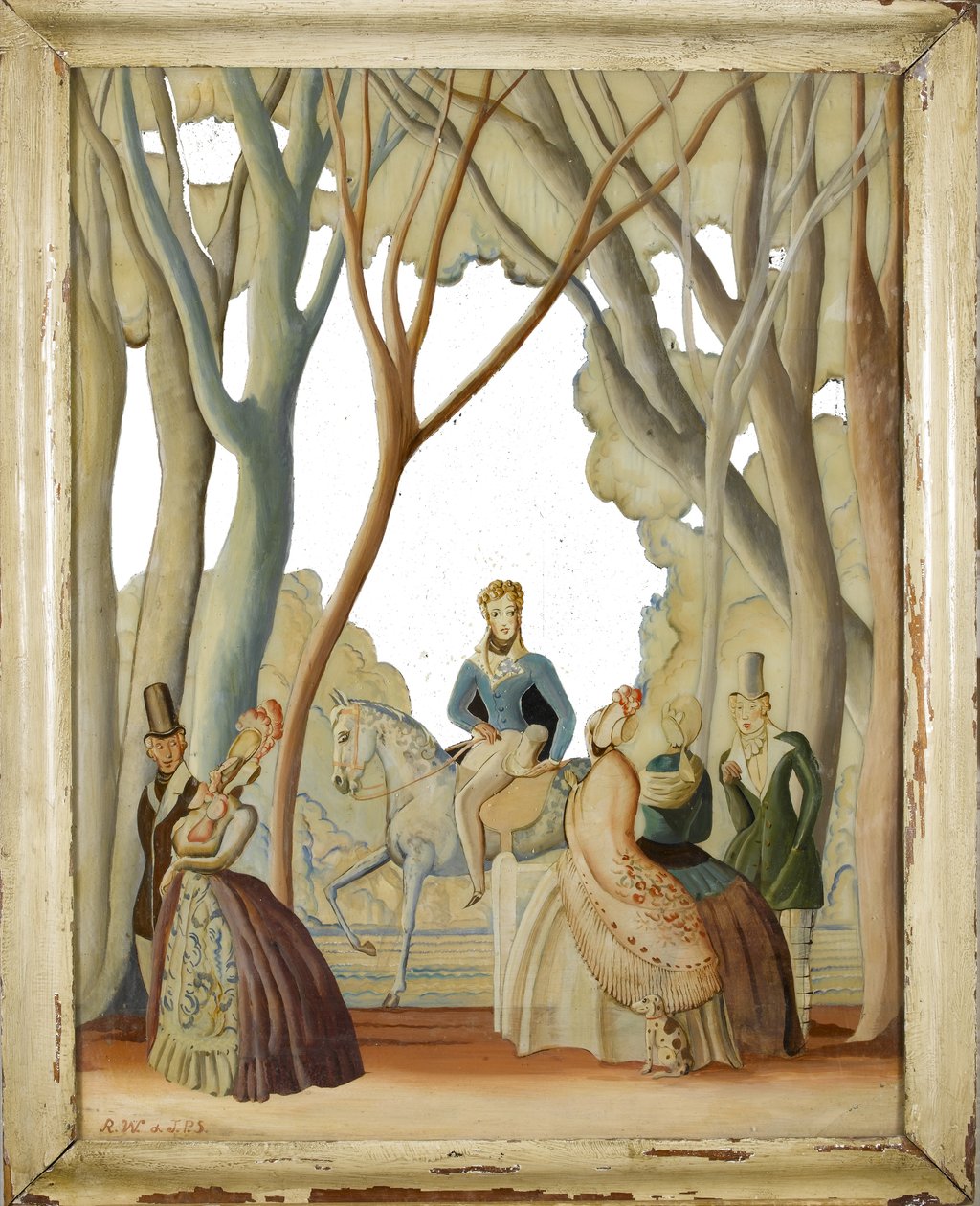 Metsäisessä puistossa käveleviä hahmoja, n. 1930 (öljy lasille) tekijältä Rex Whistler