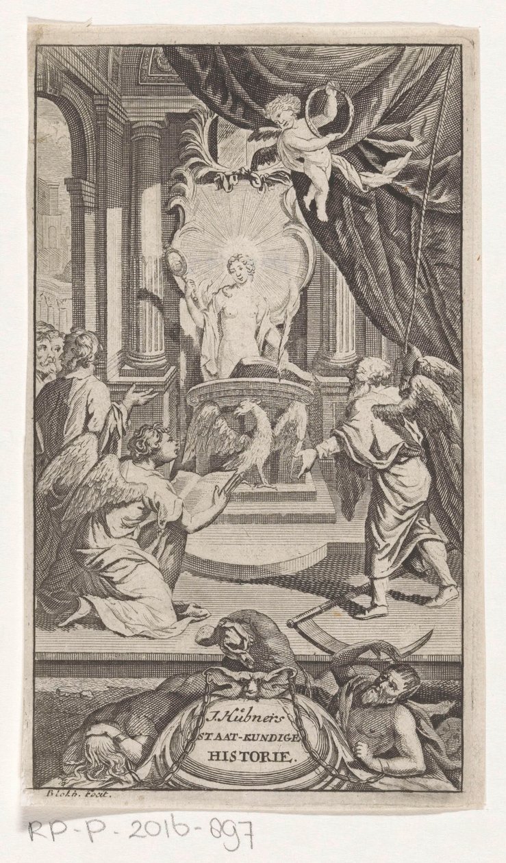 Isä-aika paljastaa historian J. Huebnerin poliittinen historia (otsikko esineessä) Otsikko sivulle: Johann Hübner, Lyhyitä kysymyksiä poliittisesta historiasta, 1719 tekijältä Reynier Blokhuysen