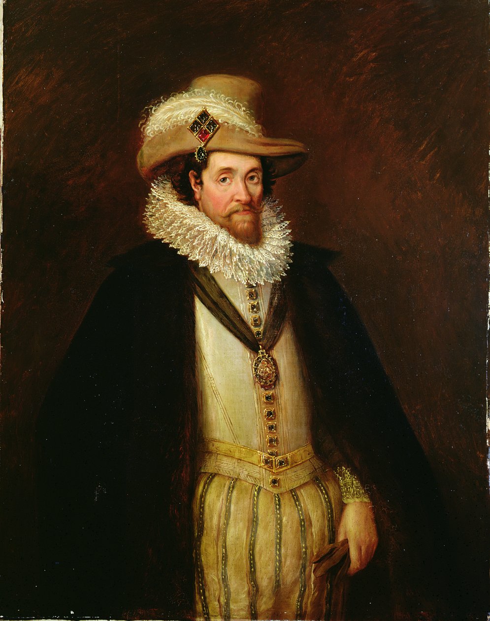 James I Englannista ja VI Skotlannista (1566-1625), John de Critz II:n (n. 1600-s. 1657) jälkeen (öljy kankaalle) tekijältä Rhoda Sullivan