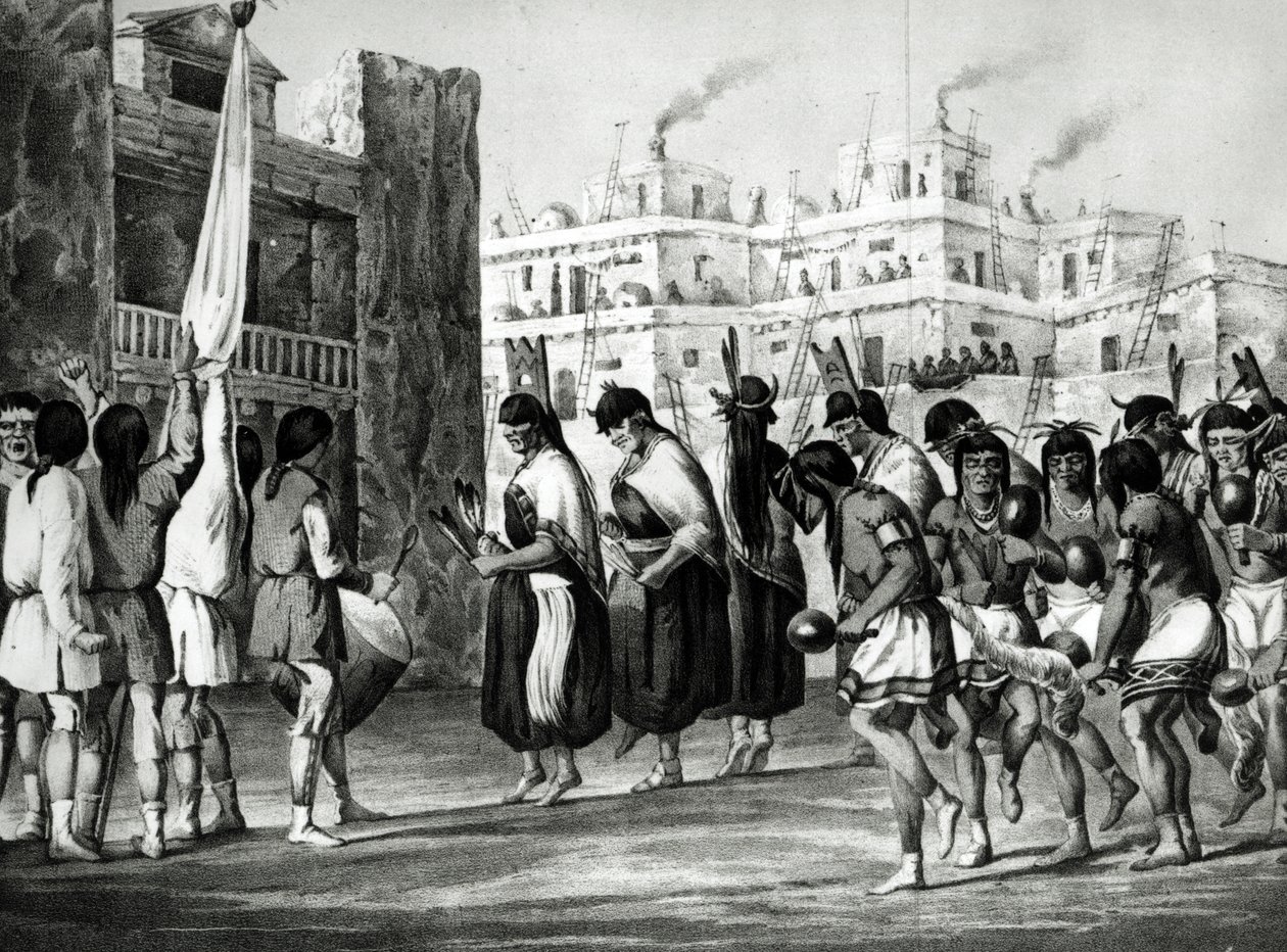 Buffalo Dance Pueblo de Zunissa, New Mexico, Sitgreaven pubin julkaisusta Report of an Expedition Down the Zuni and Colorado Rivers. kirjoittanut Ackermann tekijältä Ricard Hovenden Kern