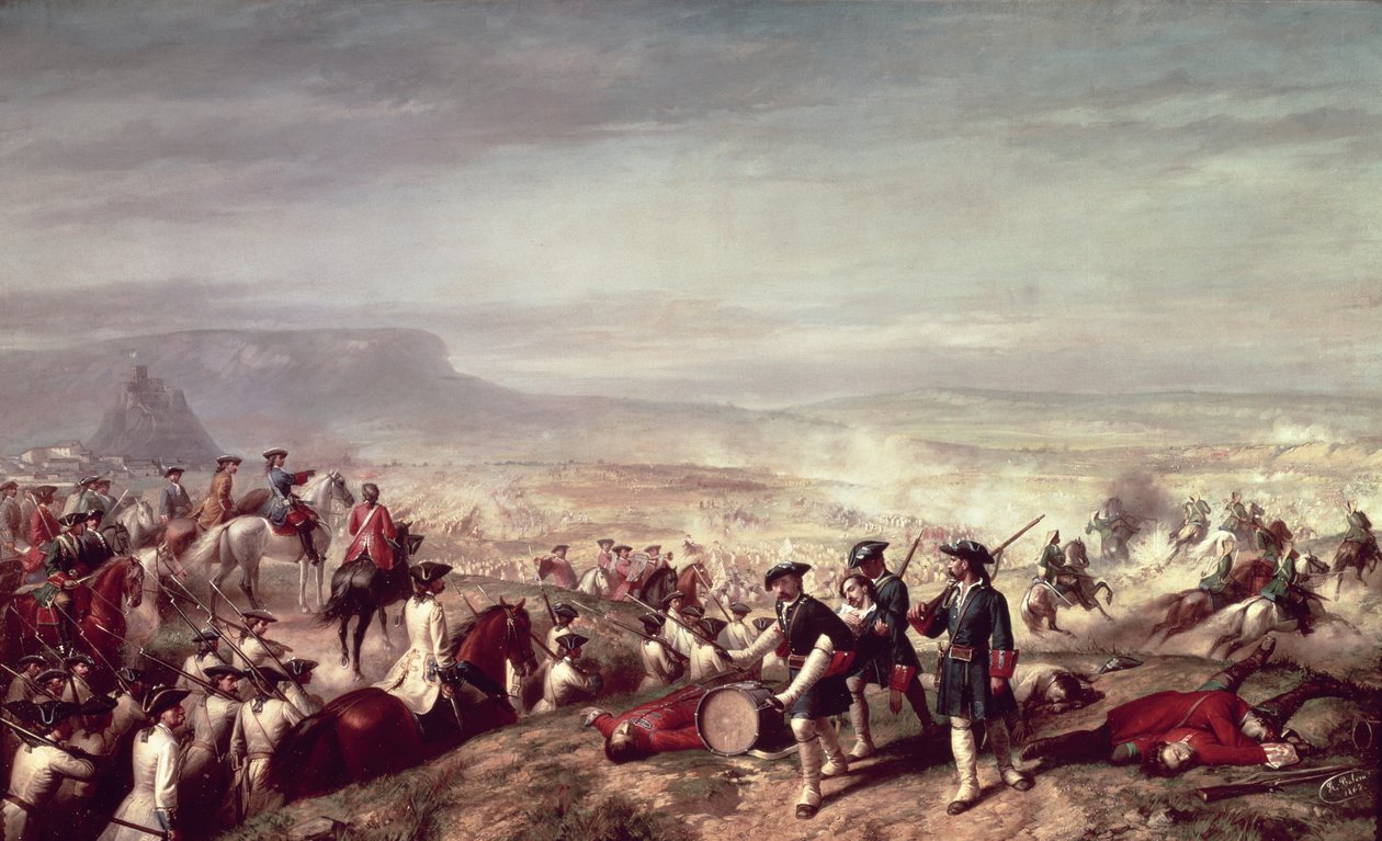 Almansan taistelu Philip V:n (1683-1746) ja Itävallan arkkiherttua Kaarlen joukkojen välillä vuonna 1707 (öljy kankaalle) tekijältä Ricardo Balaca y Canseco