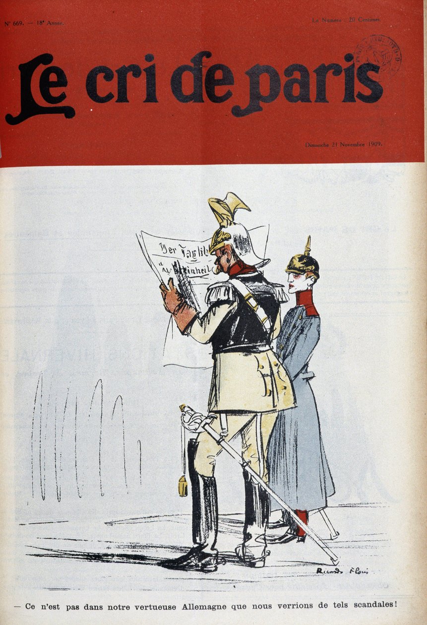 Saksan keisari (?) lukee Florès-couvin skandaalit (mutta mitkä?) tuomitsevaa sanomalehteä. "Le Cree de Paris" 21.11.1909. tekijältä Ricardo Flores