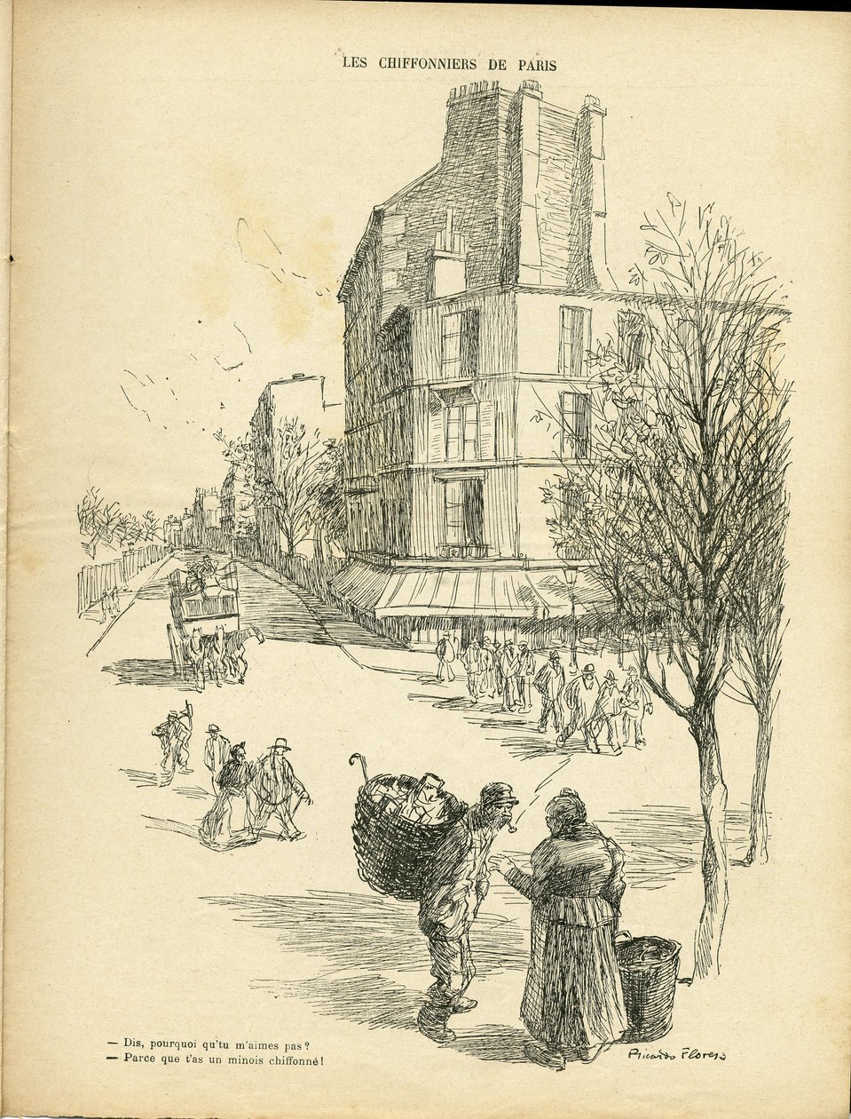 Kuvitus Ricardo Flores (1878-1918) Le Riressa, 12.5.2008 - Pariisin ragpickers - Ammatit, Arkkitehtuuri Kaupunkisuunnittelu, Puu - Chiffonniers tekijältä Ricardo Flores