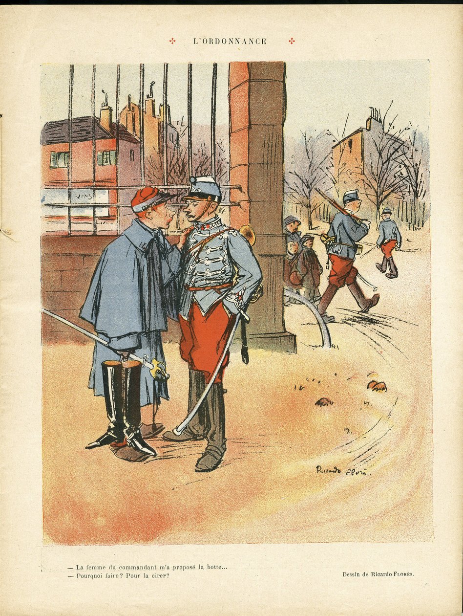 Kuvitus Ricardo Flores (1878-1918) teoksessa The Rire, 6.5.2009 - Määräys - Armee, kaupunkiarkkitehtuuri, rakkaus tekijältä Ricardo Flores