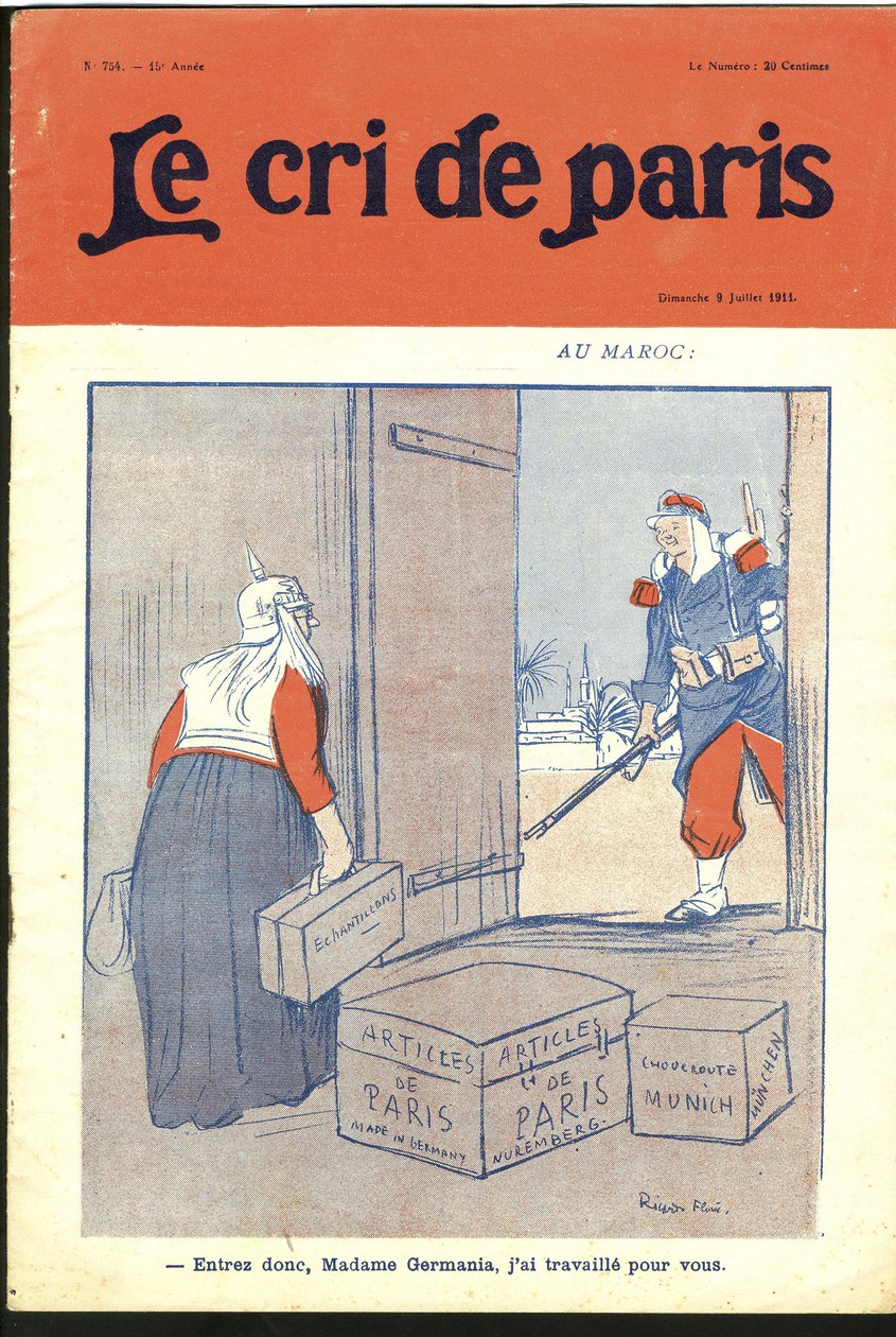 Kuva Ricardo Floresista (1878-1918) Le Cri de Paris -lehden kanteen, 07.09.11 - "" Anna niin rakas rouva, olen työskennellyt sinulle." - Saksa Preussi, Marokko, Maghreb - Germania tekijältä Ricardo Flores