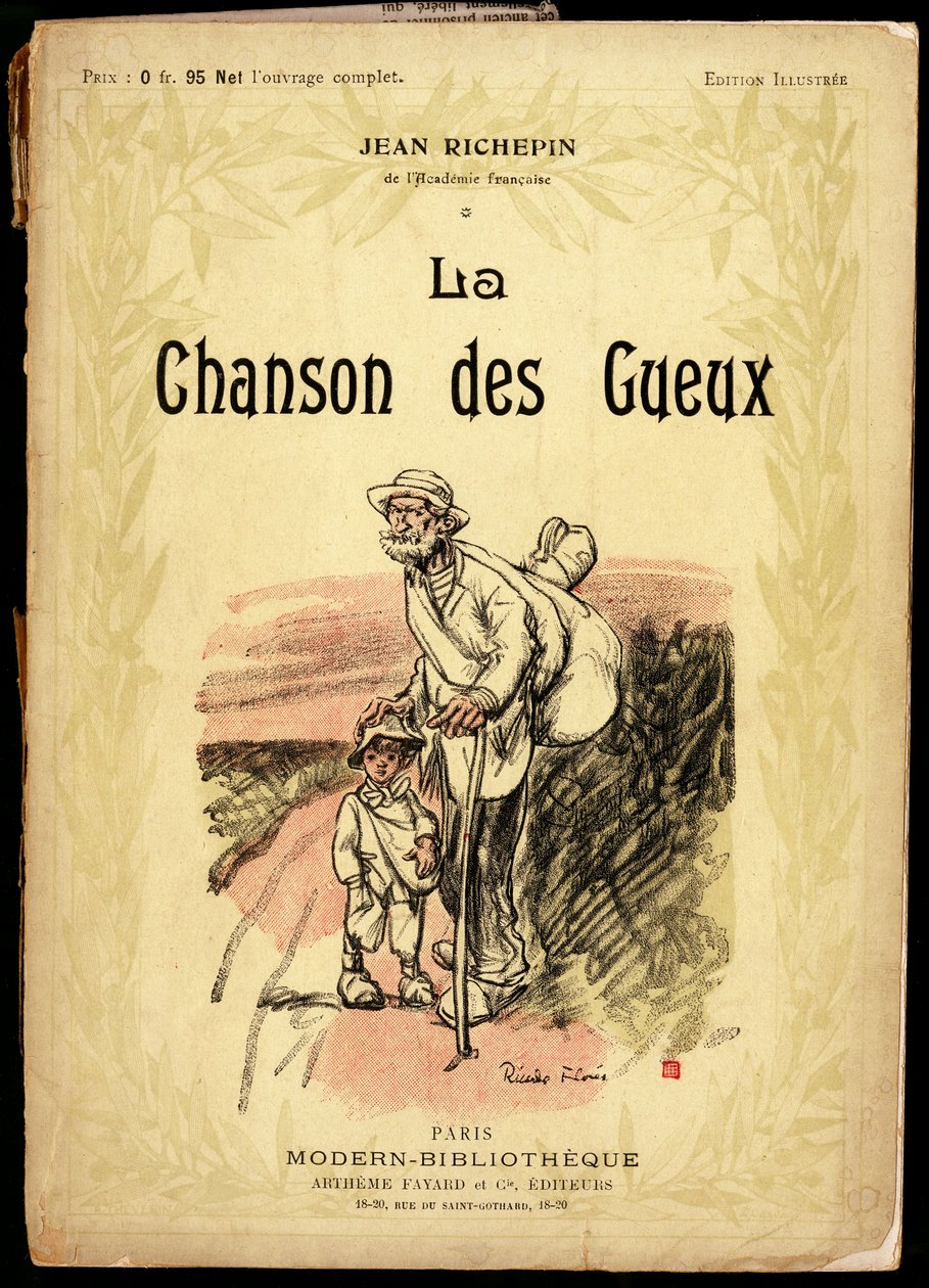 Vanha mies ja pikkupoika matkasolmuissa ja lumppuihin kapaloituneissa kengissä tiellä, kuvitus Ricardo Flores (kuollut 1918), Jean Richepinin teksti- ja runokokoelman "La chanson des gueux" kannessa (1849-1926), ranskalaiset tekijältä Ricardo Flores
