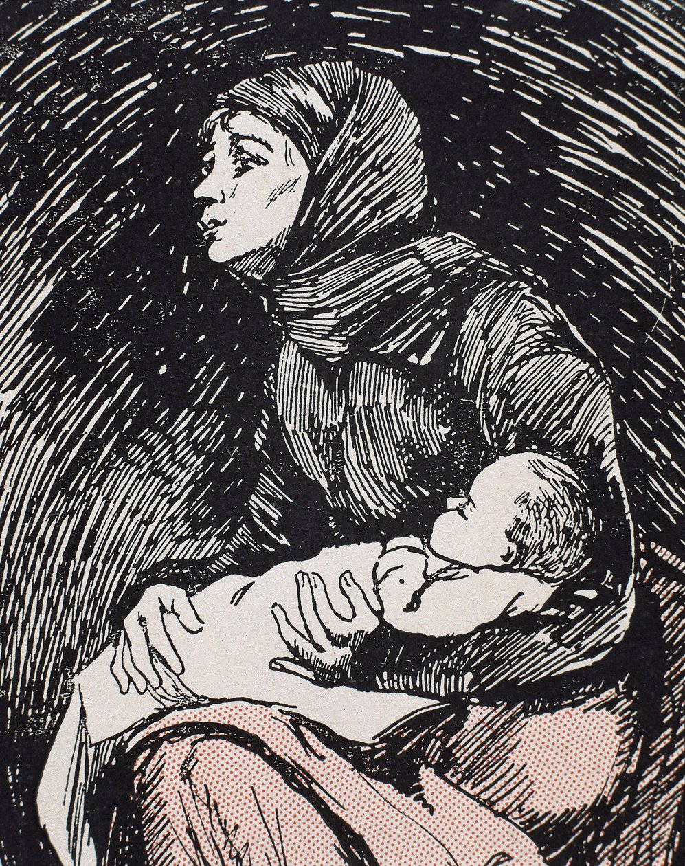 Jouluaatto. 1900. Laiha nainen lapsensa sylissään (kaiverrus) tekijältä Ricardo Maria Navarrete