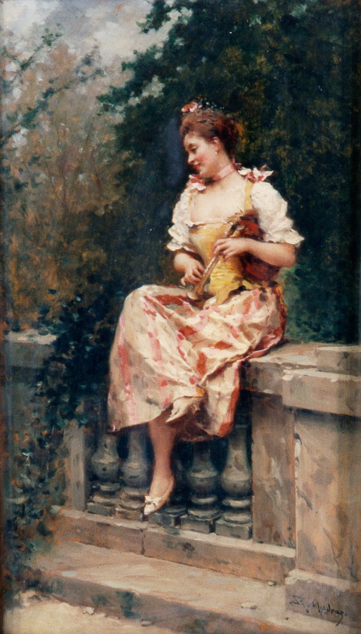 Tyttö huilun kanssa, n.1895 (öljy paneelille) tekijältä Ricardo de Madrazo y Garreta